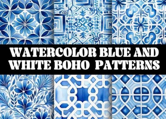 Watercolor Blue and White Boho Patterns