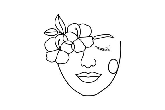 Woman s Face with Flowers Line Art